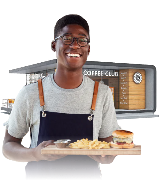 Restaurant employee serving burger and fries in cafe setting representing restaurant branding and hospitality services