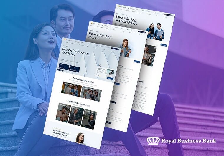 Royal Business Bank portfolio image featuring three responsive banking website layouts with personal checking accounts, business banking services, and financial solutions displayed over a blue and purple gradient background with professional lifestyle imagery.