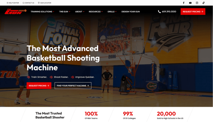 WooCommerce Development 43 Shoot-A-Way homepage showcasing a basketball shooting machine in a gym with bold headline and performance statistics.