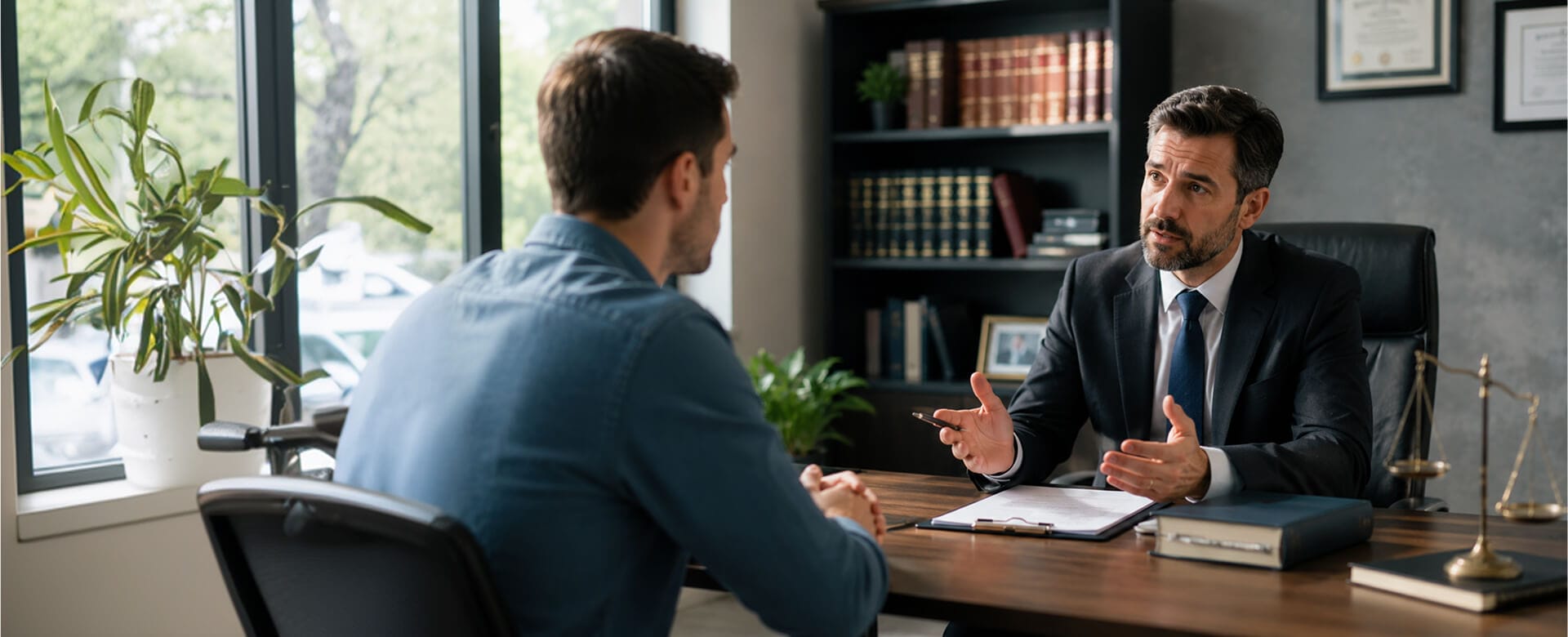 An attorney in a suit speaks with a client across a desk in a law office with bookshelves, legal documents and scales of justice