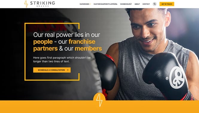 Sports & Entertainment Web Design 24 Striking Brands homepage featuring a boxer training with bold typography emphasizing franchise partnerships and fitness solutions.