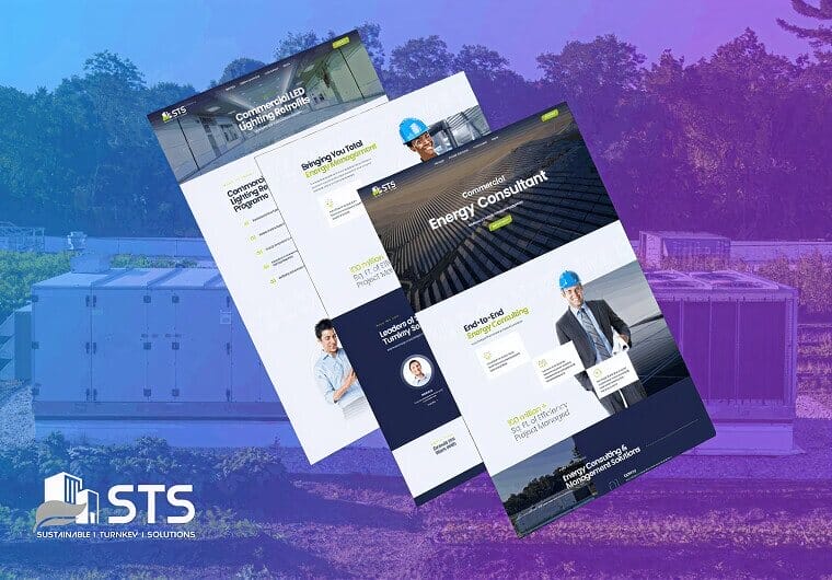 STS Group website design showcase featuring commercial LED lighting, energy consulting solutions, and sustainable infrastructure services.