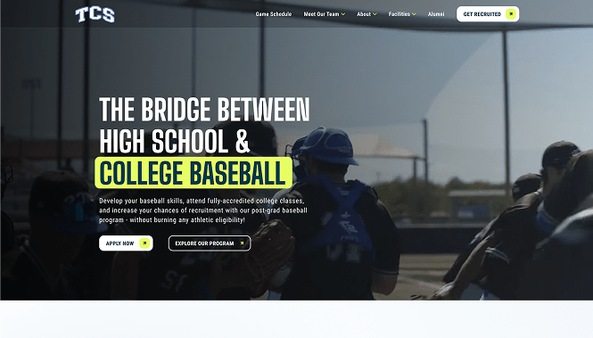Sports & Entertainment Web Design 23 TCS baseball website homepage highlighting a college prep program with athletes on the field and bold messaging about bridging high school and college baseball.
