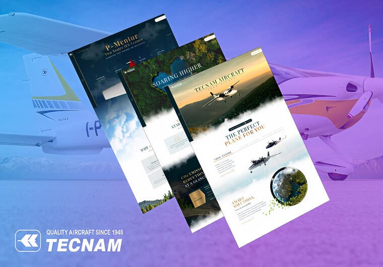 Three stacked images of Tecnam’s website design showcasing aircraft models, aviation lifestyle imagery, scenic aerial photography, and elegant responsive layouts for the aerospace industry.