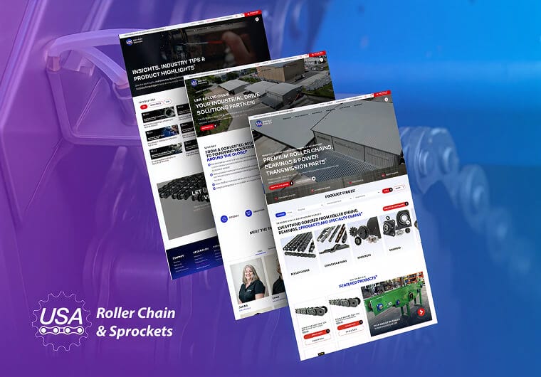 Ecommerce website design mockups for USA Roller Chain featuring industrial products, chains, sprockets, and product catalog pages.