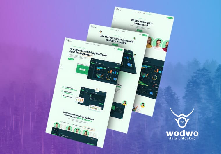 AI audience modeling platform website mockups featuring clean SaaS layouts, analytics dashboards and modern green-accented responsive design.