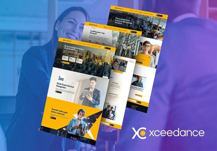 Xceedance corporate website design showcase featuring insurance consulting services, financial technology solutions, bold yellow branding, and responsive business website layouts.