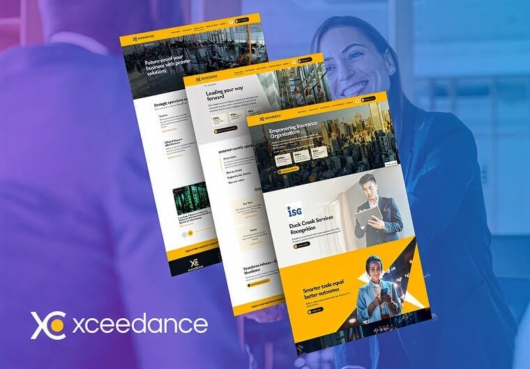 Xceedance website design featuring modern digital layouts that showcase insurance technology solutions, operational support services, and data-driven business capabilities.