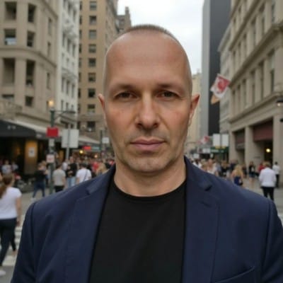 Web Design 81 Man with closely shaved hair wearing a dark blazer over a black shirt, standing on a busy city street