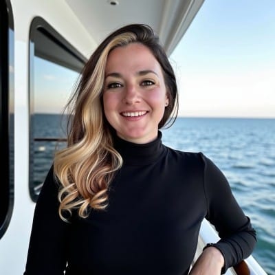 Web Design 81 Smiling woman with long blonde-highlighted hair wearing a black turtleneck, standing on a boat with the ocean in the background