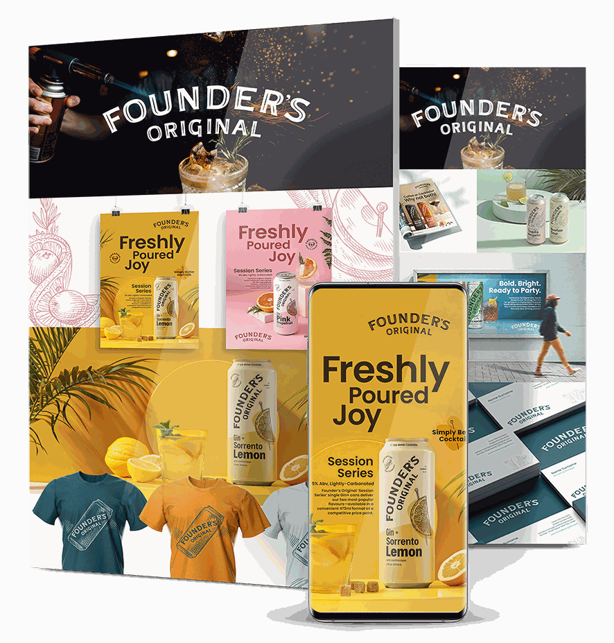 Founder’s Original brand collateral displayed across packaging, posters, mobile ads, apparel and printed materials - Optimized