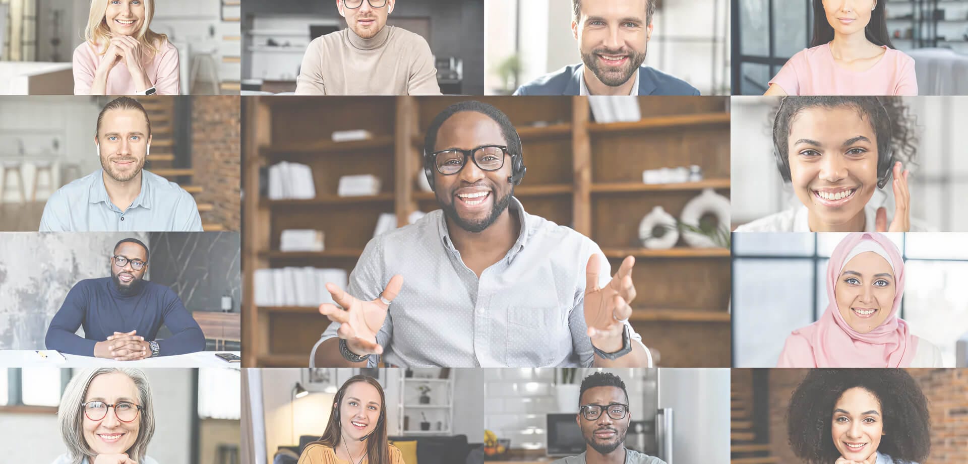 Diverse group of professionals smiling during a video conference call, with one speaker featured prominently in the center