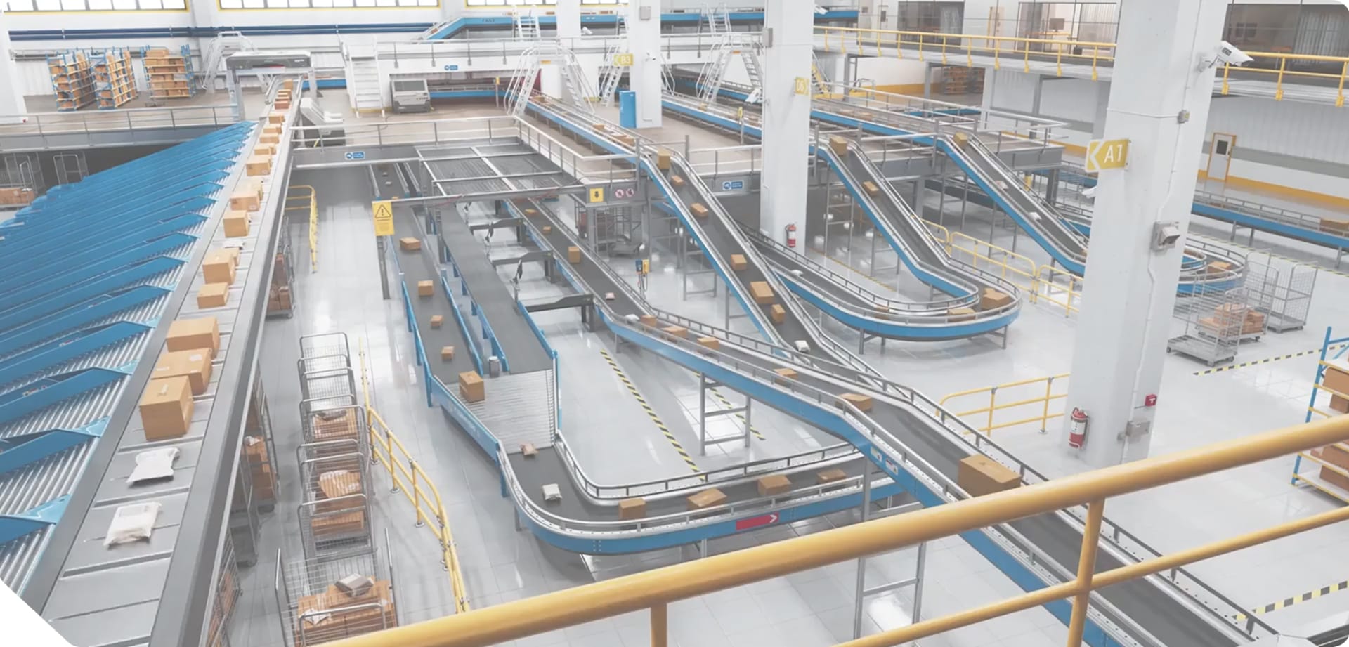 Automated warehouse sorting facility with interconnected conveyor belts transporting packages through a large distribution center