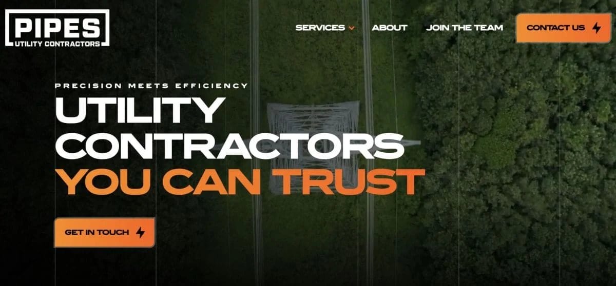 Pipes Utility Contractors landing page hero with “Utility Contractors You Can Trust” headline