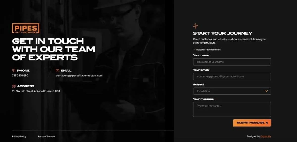 Pipes Utility Contractors contact page with a four-field form