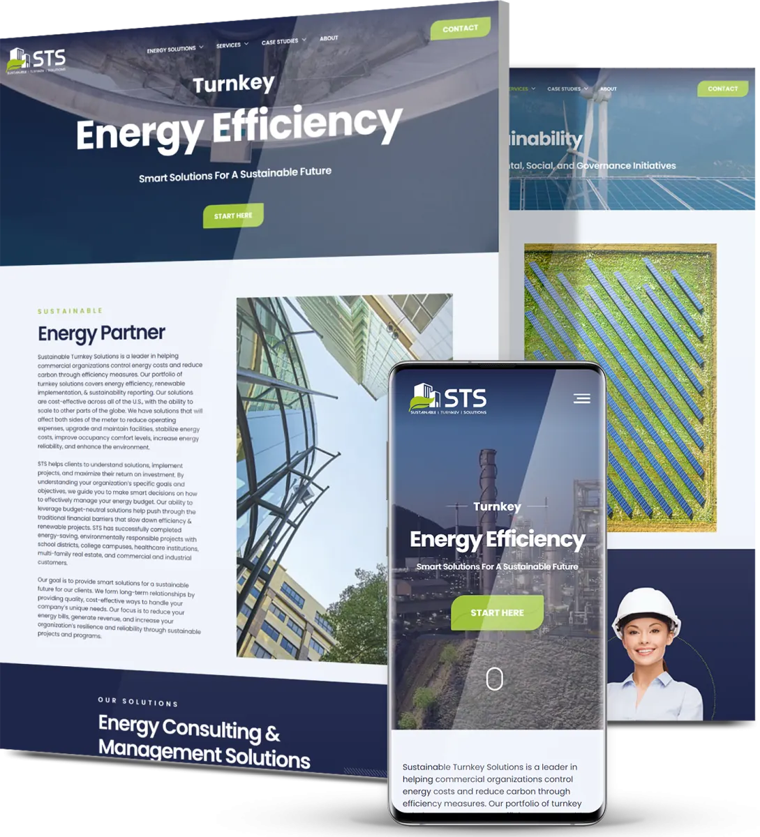 Turnkey energy efficiency website design for STS featuring sustainable solutions, consulting services, and mobile-responsive layout opt