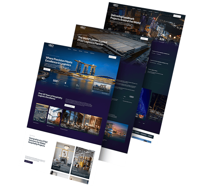 Three images of BCI International's website design