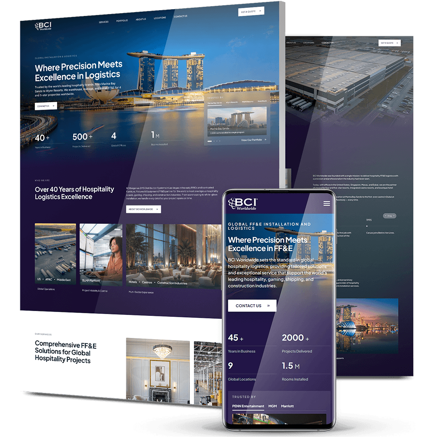Responsive BCI Worldwide website shown across desktop, tablet and mobile screens, featuring global hospitality logistics and FF&E installation services.