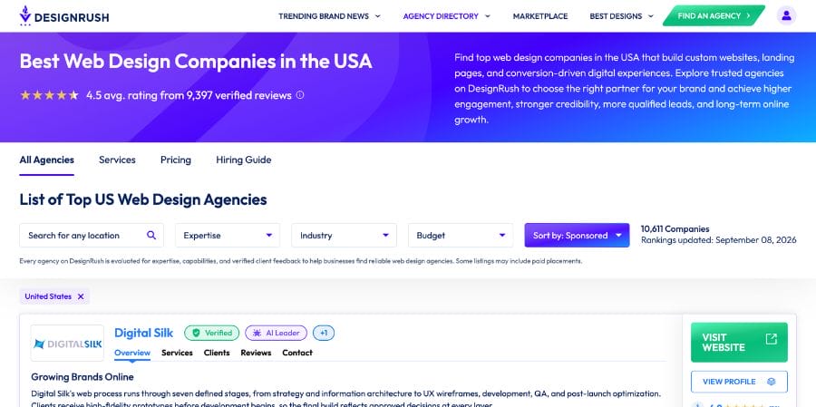 designrush list of top us web design agencies