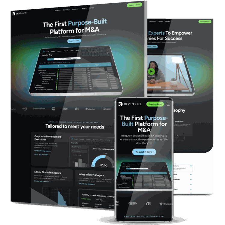 Devensoft M&A platform website shown on desktop and mobile screens featuring analytics dashboards and software interface - optimized