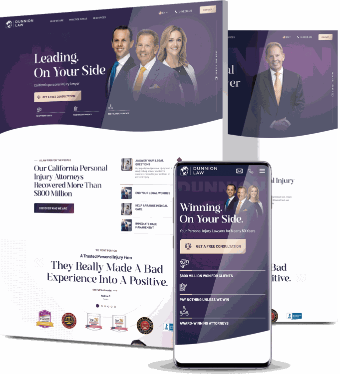 Dunnion Law personal injury website featuring attorneys and messaging about experience, client success, and free consultations optimized
