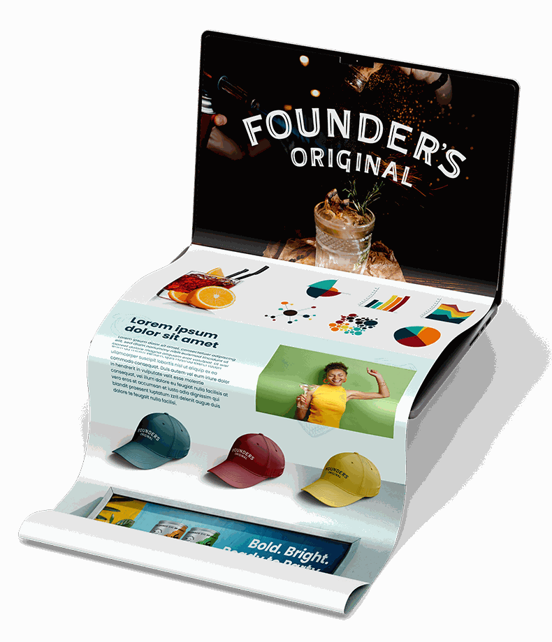 Founder’s Original website mockup showing brand visuals, product graphics, color palettes, charts and apparel on a scrolling page design - optimized