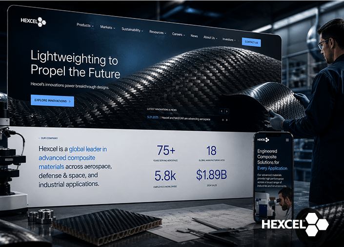 Hexcel advanced composites website displayed on desktop and mobile screens, featuring carbon fiber materials and aerospace engineering applications