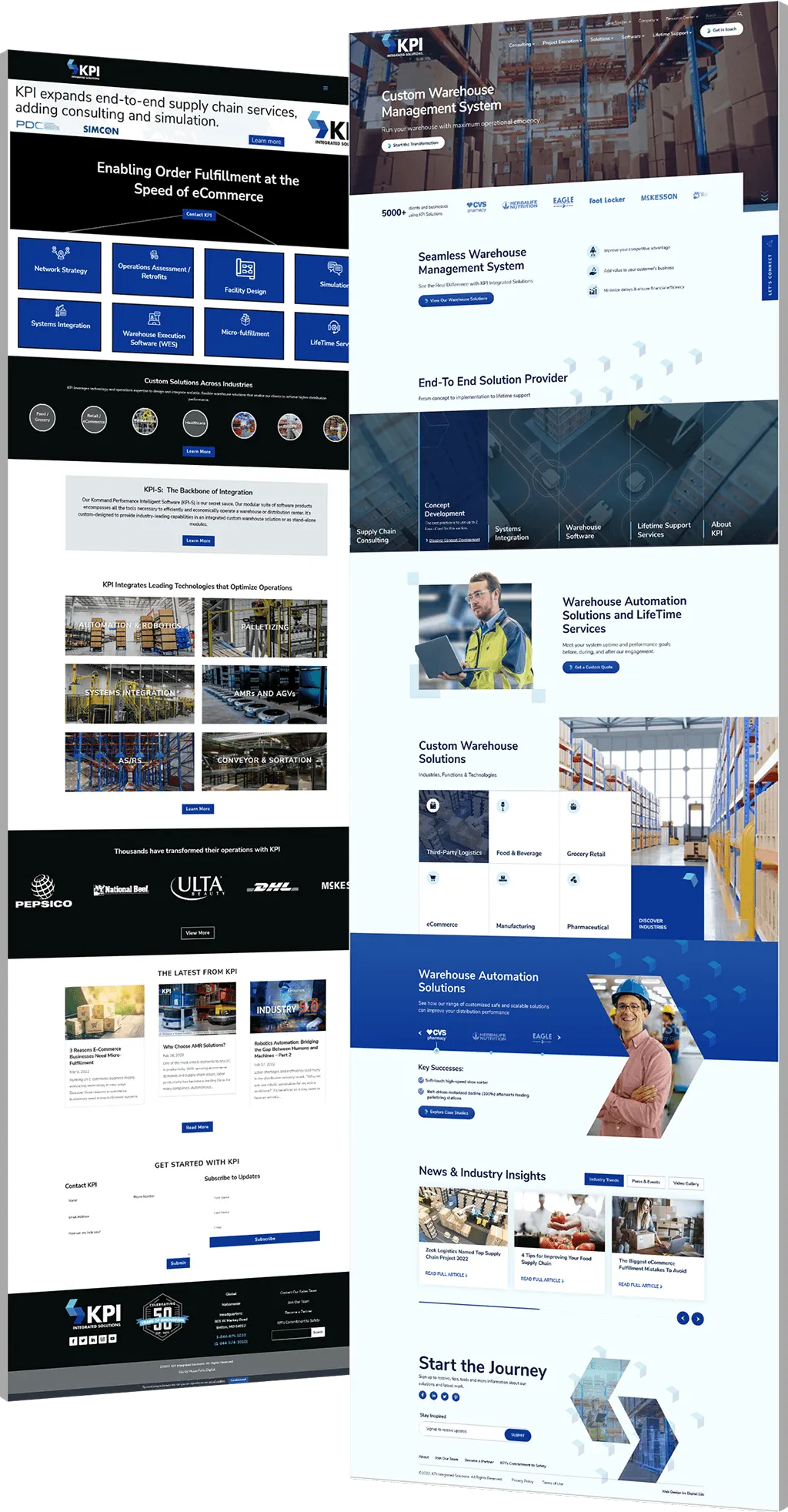 Side-by-side comparison of the KPI Integrated Solutions website before and after redesign, highlighting the transformation from a dense, information-heavy layout to a modern, streamlined user experience focused on warehouse automation, supply chain solutions, and operational efficiency. - optimized