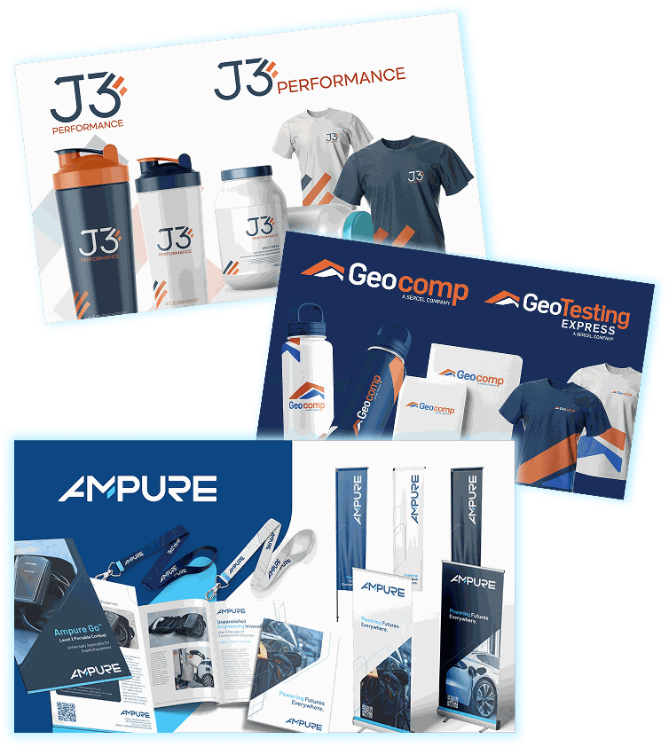 Branded merchandise and marketing collateral showcase featuring J3 Performance, GeoComp, GeoTesting Express, and Ampure, including apparel, bottles, brochures, and display materials - optimized