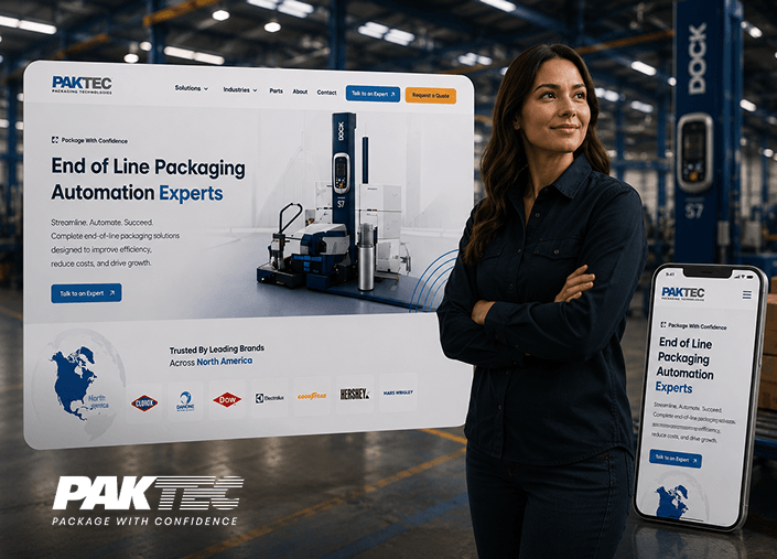 PAKTEC packaging automation website displayed on desktop and mobile screens beside an industrial professional in a manufacturing facility