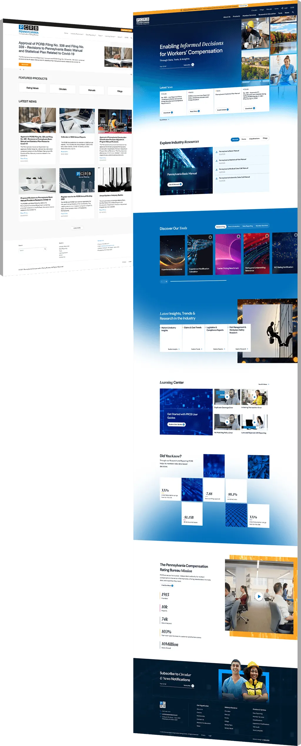 Before-and-after comparison of the Pennsylvania Compensation Rating Bureau (PCRB) website redesign, highlighting a modernized user experience, streamlined navigation, enhanced resource access, and a visually engaging digital interface. - optimized