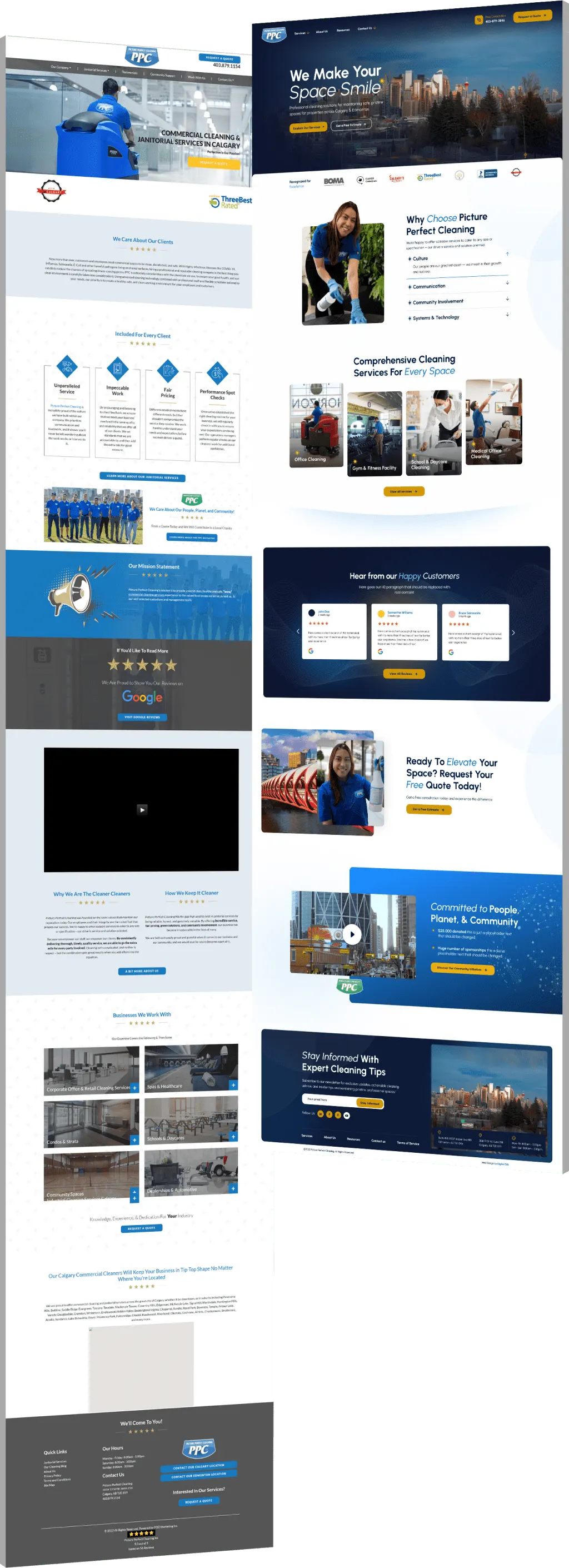 Picture Perfect Cleaning website redesign comparison featuring commercial janitorial services, responsive layouts, customer testimonials, and modern cleaning company branding. - optimized