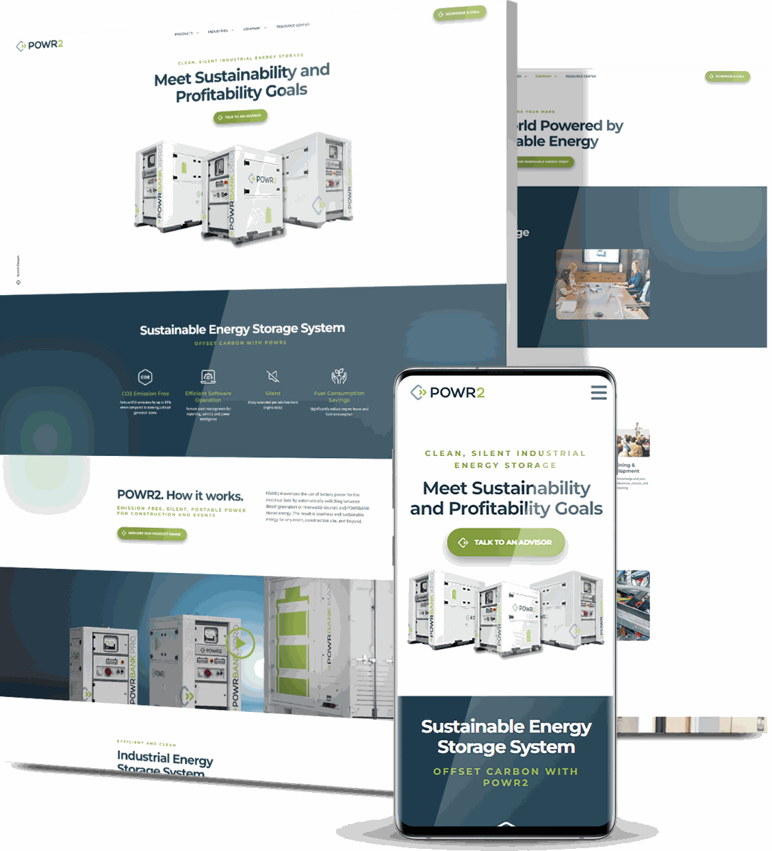 Powr2 website design displaying industrial energy storage systems with sustainability-focused messaging and mobile optimization - Hero - Optimized Image