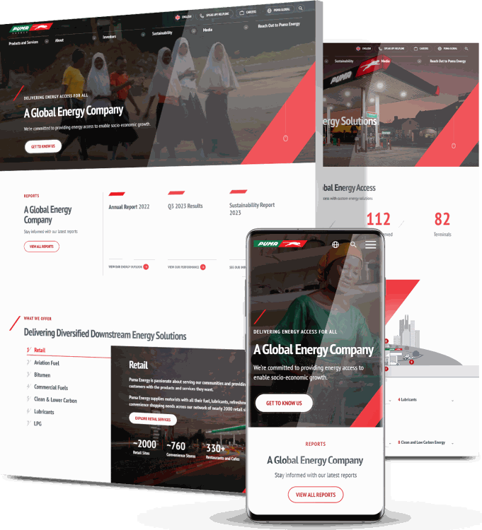 Puma Energy corporate website design featuring global energy services, reports, and downstream solutions across desktop and mobile - Optimized