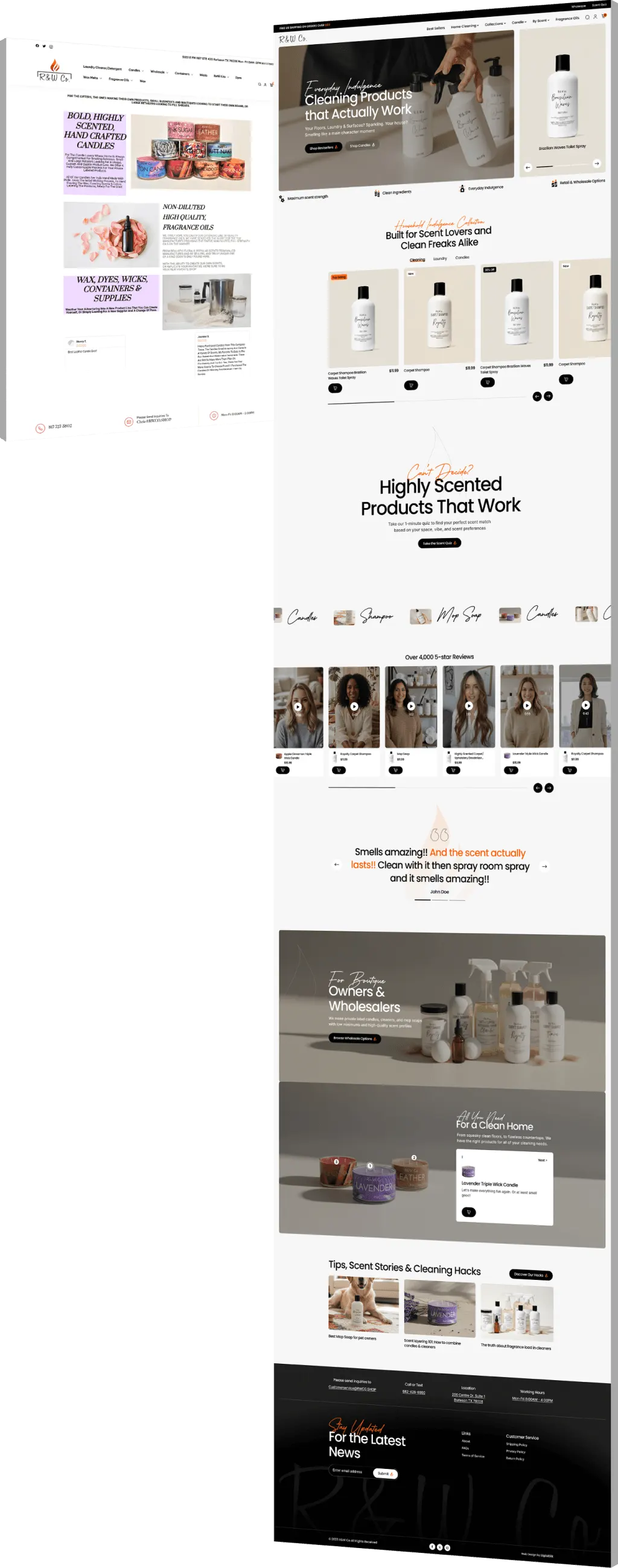 Before-and-after comparison of the R&W Co. ecommerce website redesign, showcasing the transformation from an outdated layout to a modern, visually refined online shopping experience. - optimized