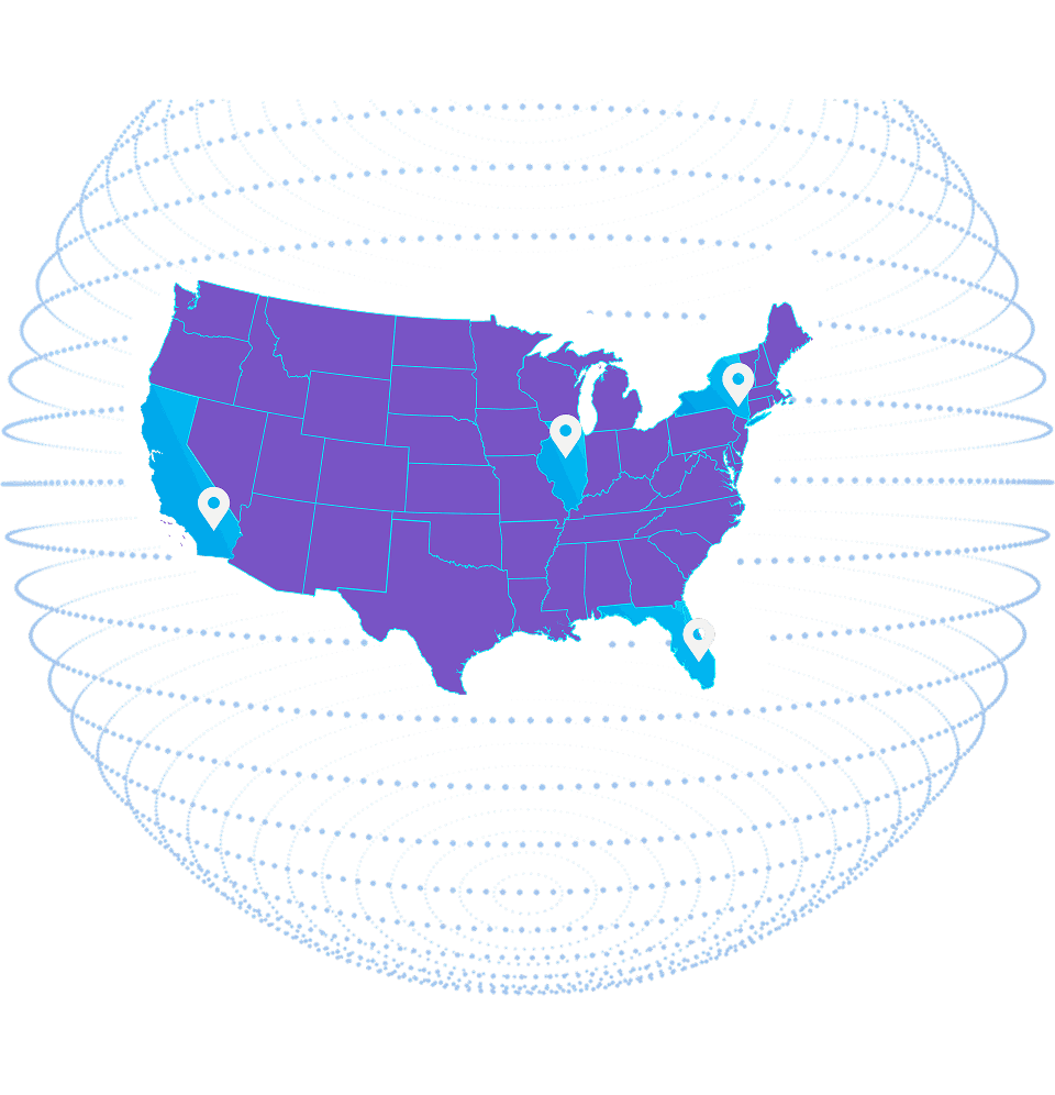 Illustrated United States map graphic highlighting multiple Digital Silk office locations with glowing location pins and futuristic blue network design elements - updated